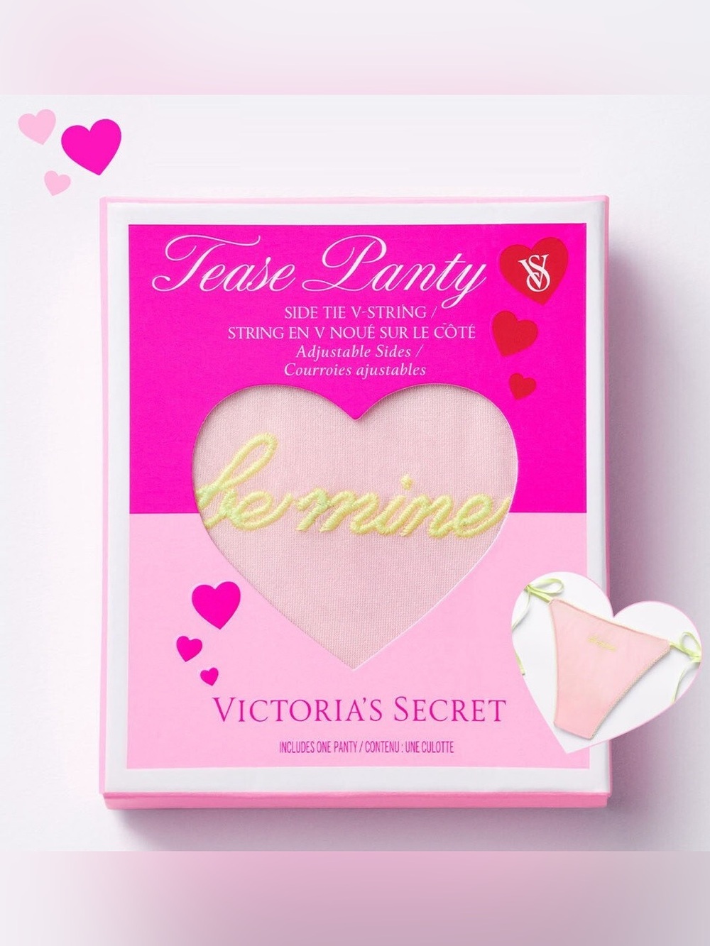 NWT Victoria Secret ‘Tease Panty’ V String Side Tie in Gift Box, Pink/Yellow, OS